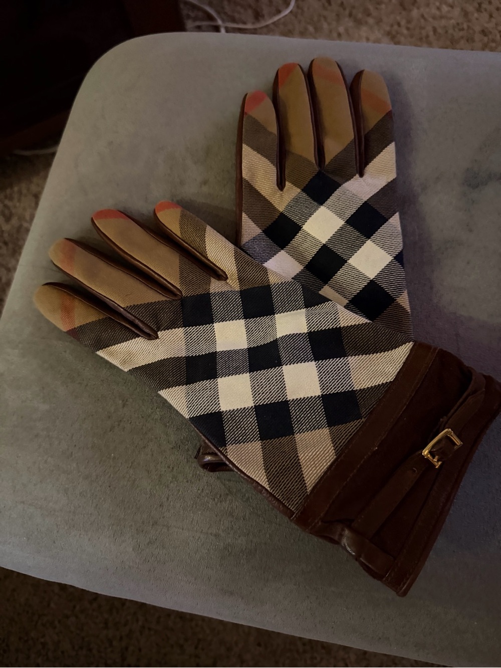 Burberry Check Plaid Leather-Trim Gloves - Beige, Brown, Black